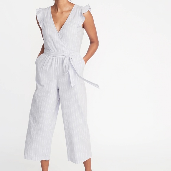 Old Navy Pants - Faux Wrap Tie Belt(BLUE)Linen Blend Jumpsuit Med Old Navy Pants - Faux Wrap Tie Belt(BLUE)Linen Blend Jumpsuit Med